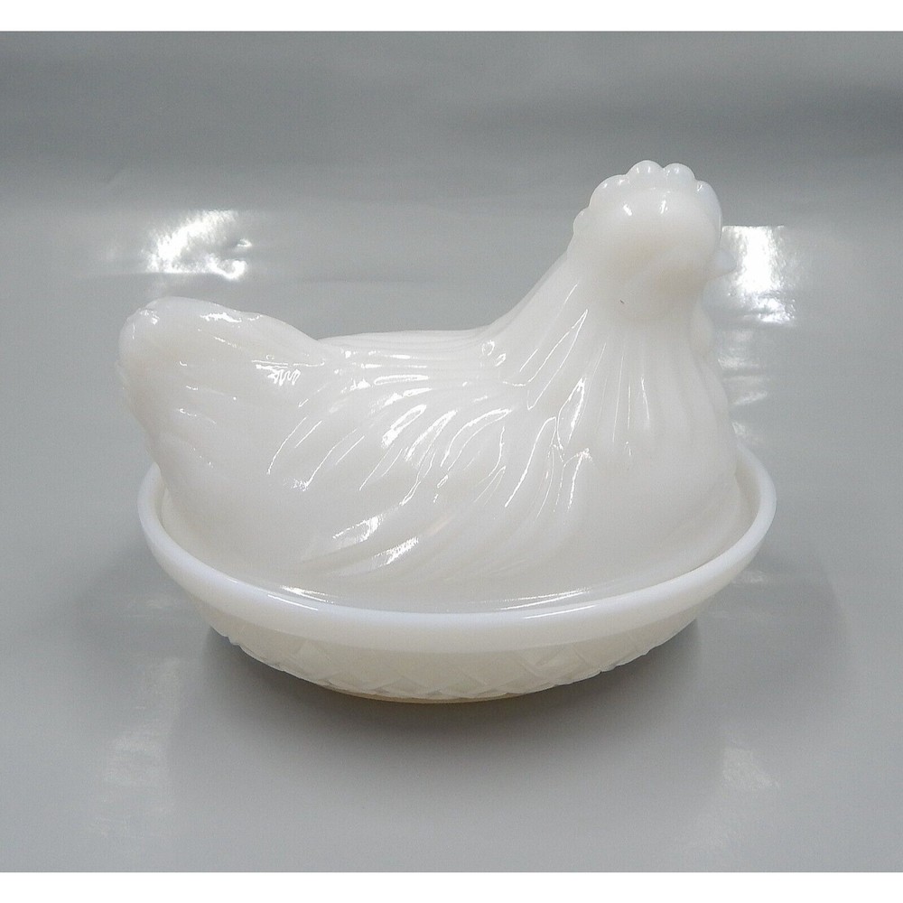 Hazel Atlas Hen on Nest White Translucent Milk Glass Opalescent Candy Dish